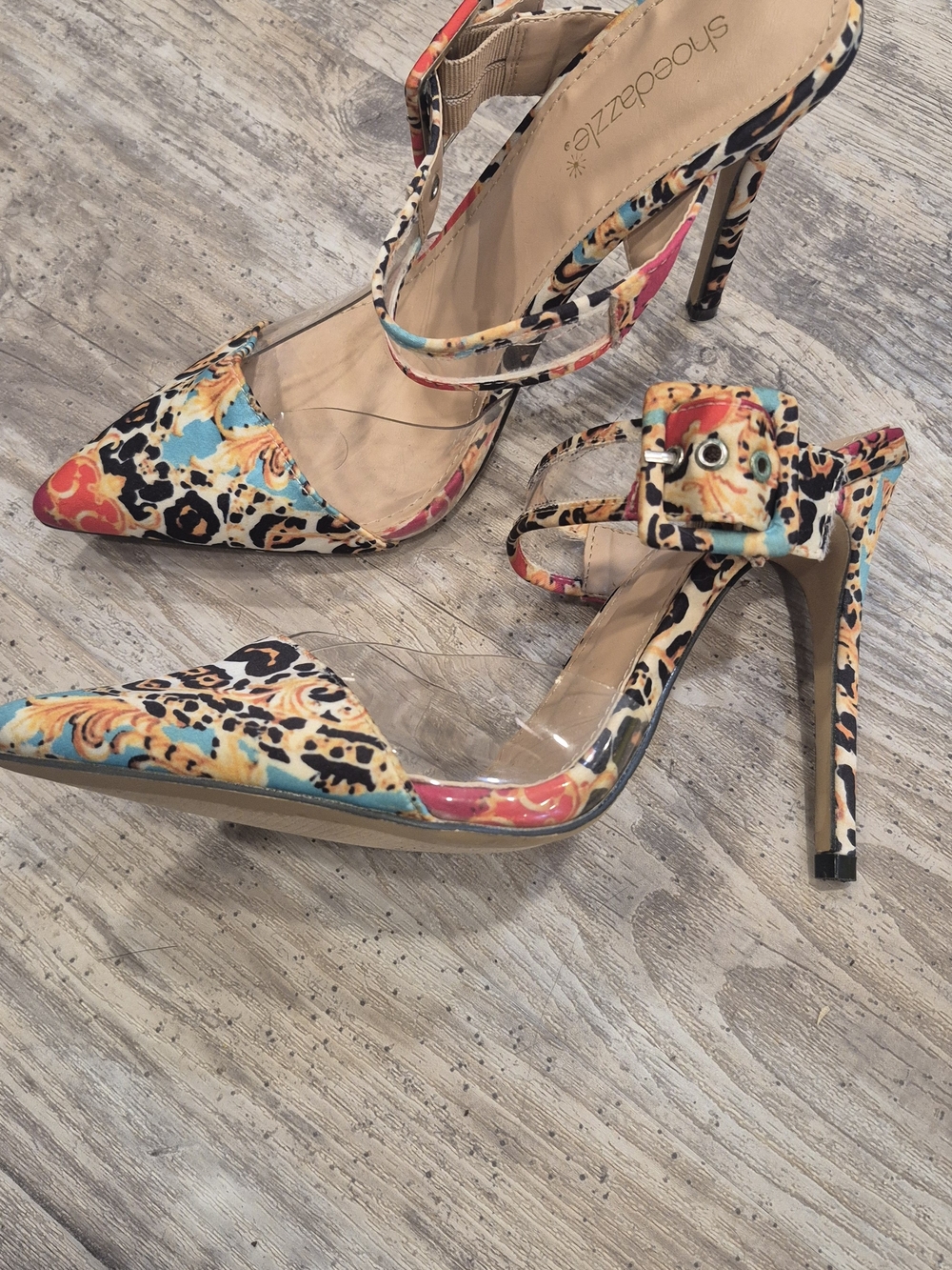 Shoe Dazzle Leopard-Print Multicolor Pointed Toe Ankle Strap Heels